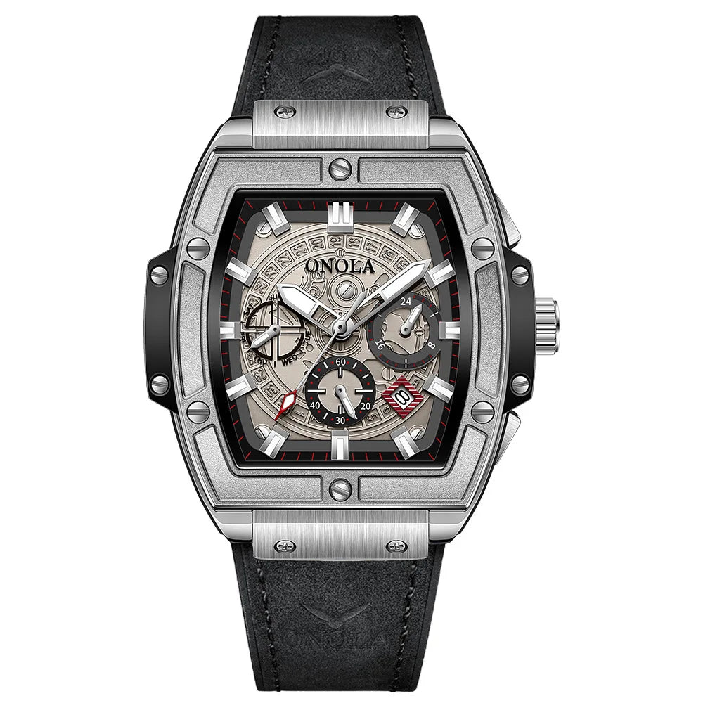 ONOLA 6819 New Design Affordable Man Quartz Watch Creative Real Leather Band Luminous Chronograph Popular Rectangle Sports Watch