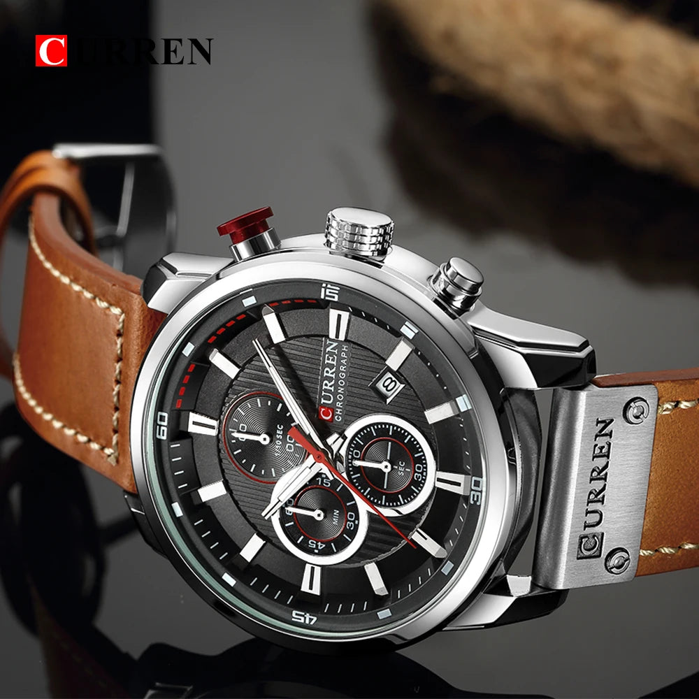 CURREN 8291 Super Blue Boys Quartz Watch Costume Genuine Leather Band 3 Dials Chronograph Luminous Popular Sports Watch Kit
