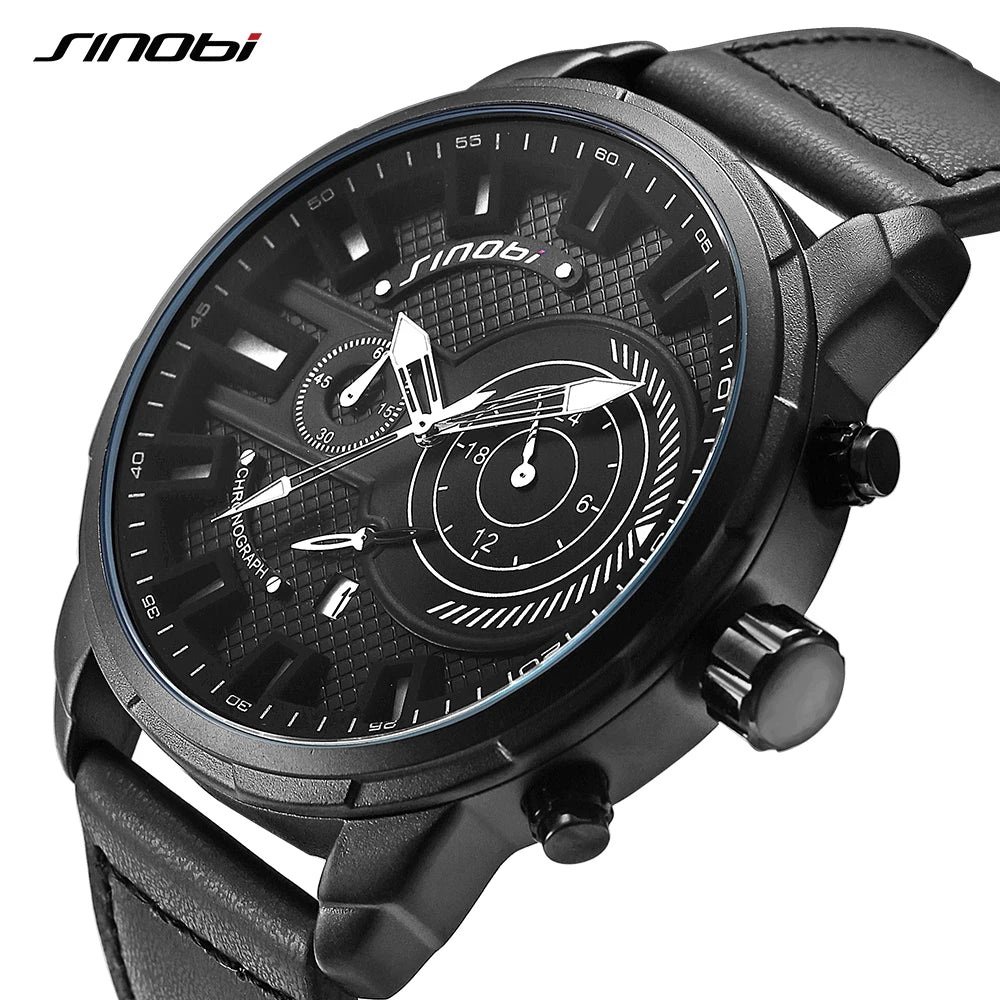SINOBI 9786 Unique OEM Mens Quartz Watch Hot Sale Genuine Leather Strap 24 Hour Auto Date Chrono Casual Hand Watch