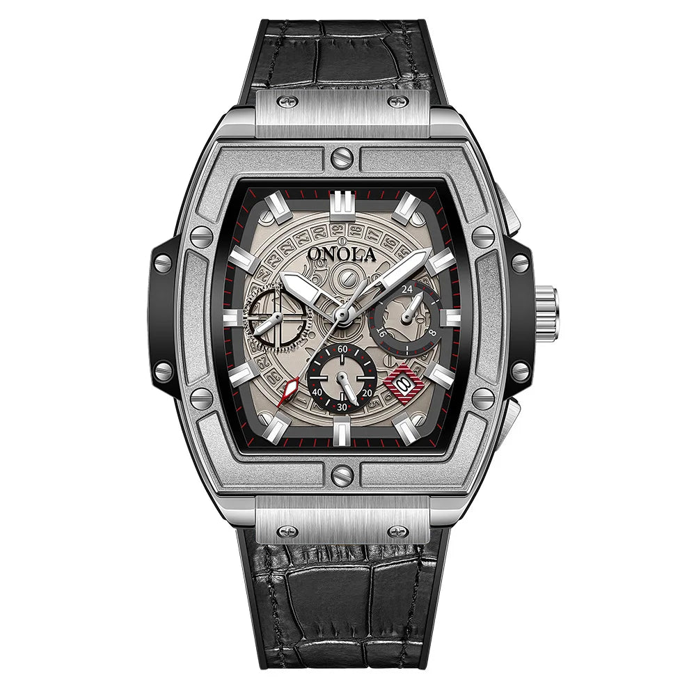 ONOLA 6819 New Design Affordable Man Quartz Watch Creative Real Leather Band Luminous Chronograph Popular Rectangle Sports Watch