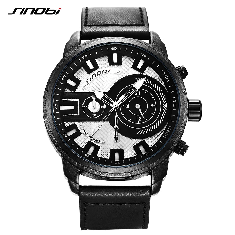 SINOBI 9786 Unique OEM Mens Quartz Watch Hot Sale Genuine Leather Strap 24 Hour Auto Date Chrono Casual Hand Watch