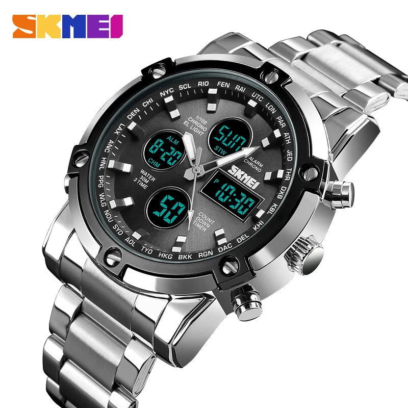 SKMEI 1389 Luxury Silver Gents Timepiece Dual Display Stainless Steel Band Calendar Multi Function Concise Casual Reloj Watch