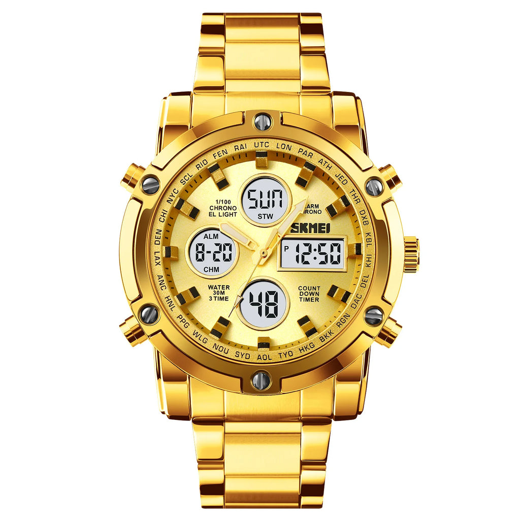 SKMEI 1389 Luxury Silver Gents Timepiece Dual Display Stainless Steel Band Calendar Multi Function Concise Casual Reloj Watch