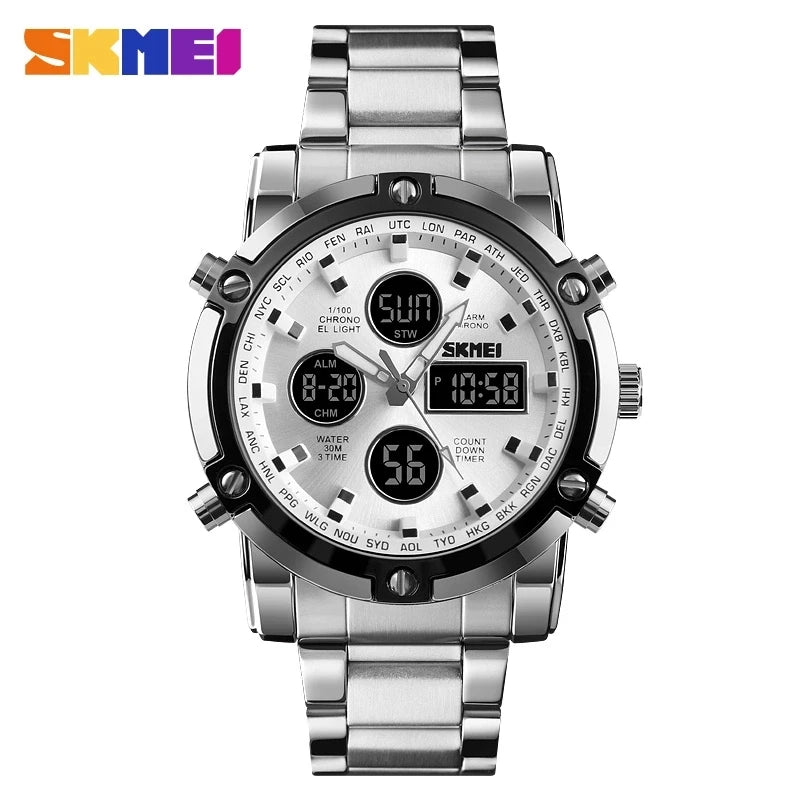SKMEI 1389 Luxury Silver Gents Timepiece Dual Display Stainless Steel Band Calendar Multi Function Concise Casual Reloj Watch