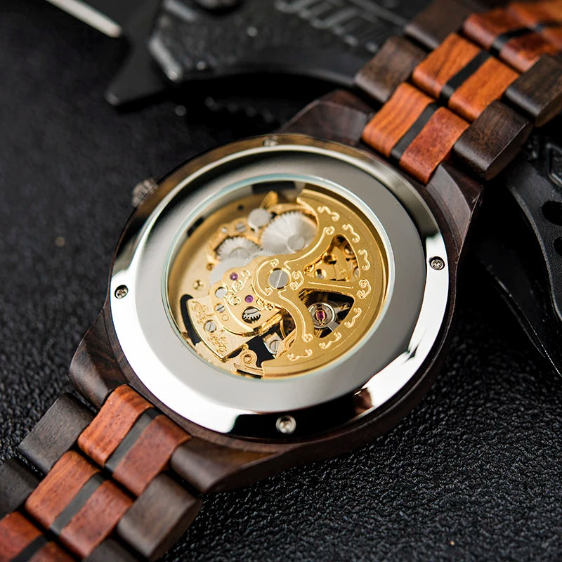 Luxury Lover's Wooden Stainless Steel Custom Logo Automatic Watch Couples Visible Mechanism Water Resistant Tourbillon Pointer