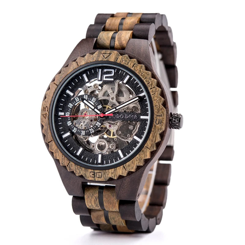 Luxury Lover's Wooden Stainless Steel Custom Logo Automatic Watch Couples Visible Mechanism Water Resistant Tourbillon Pointer