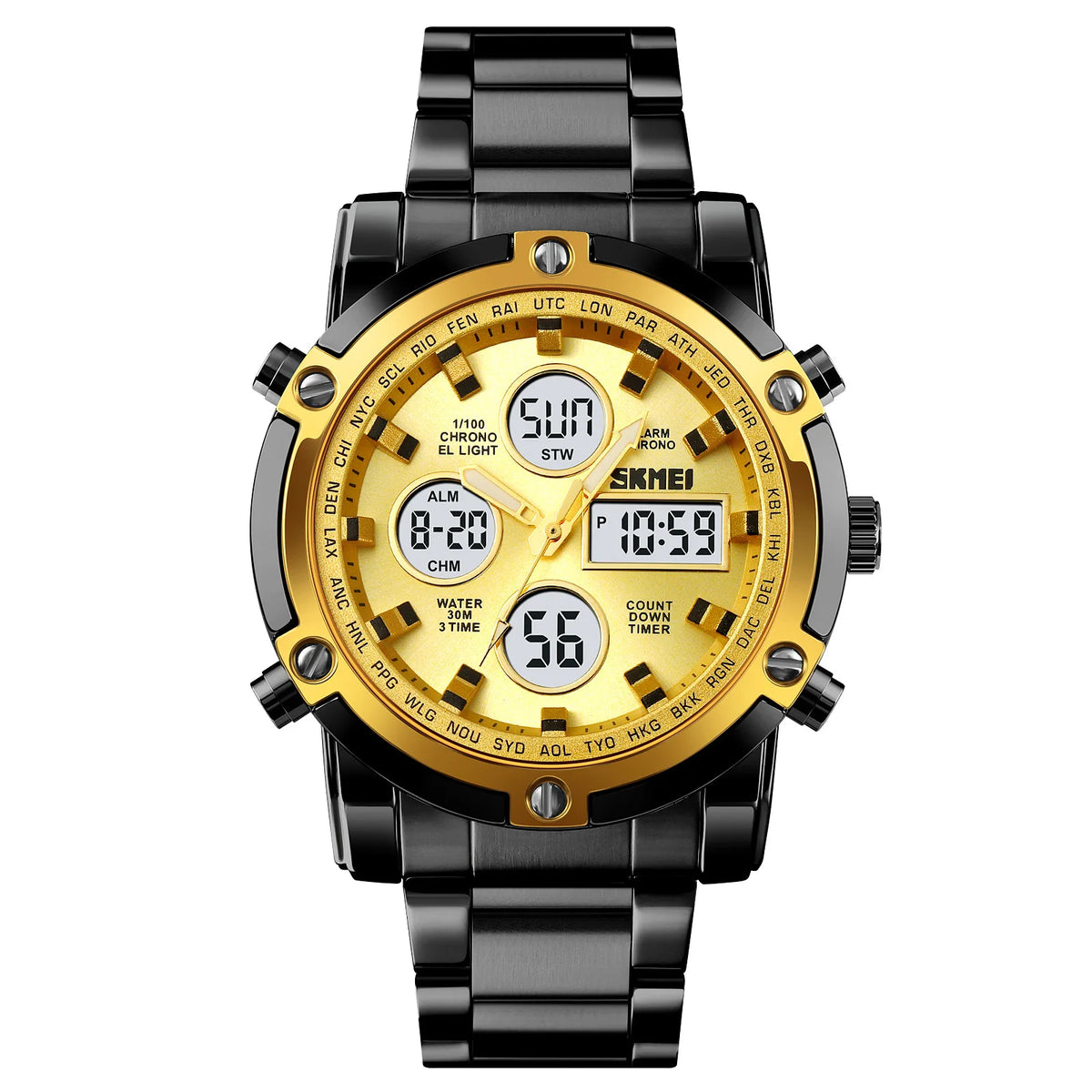 SKMEI 1389 Luxury Silver Gents Timepiece Dual Display Stainless Steel Band Calendar Multi Function Concise Casual Reloj Watch