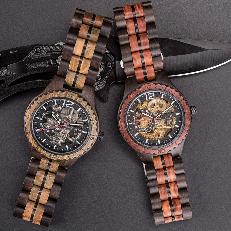Luxury Lover's Wooden Stainless Steel Custom Logo Automatic Watch Couples Visible Mechanism Water Resistant Tourbillon Pointer