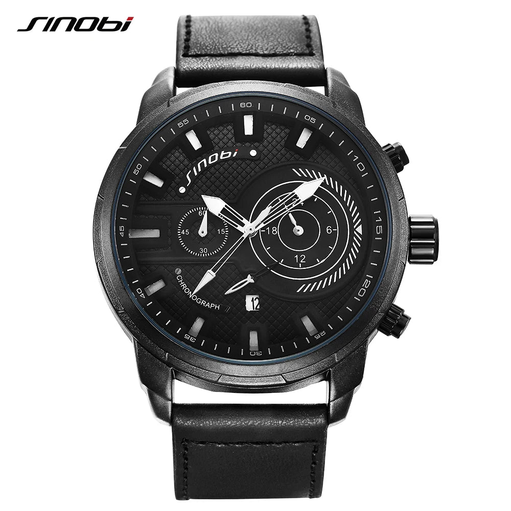 SINOBI 9786 Unique OEM Mens Quartz Watch Hot Sale Genuine Leather Strap 24 Hour Auto Date Chrono Casual Hand Watch