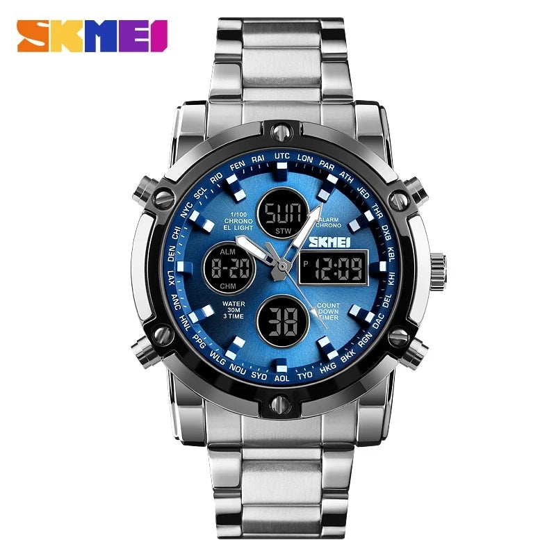 SKMEI 1389 Luxury Silver Gents Timepiece Dual Display Stainless Steel Band Calendar Multi Function Concise Casual Reloj Watch