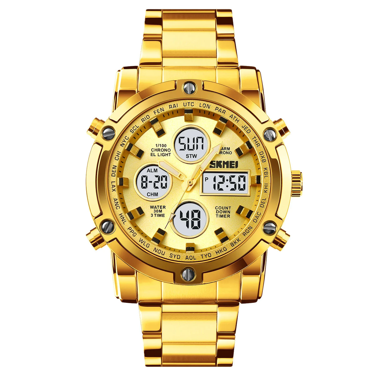 SKMEI 1389 Luxury Silver Gents Timepiece Dual Display Stainless Steel Band Calendar Multi Function Concise Casual Reloj Watch