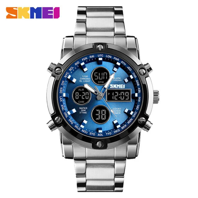 SKMEI 1389 Luxury Silver Gents Timepiece Dual Display Stainless Steel Band Calendar Multi Function Concise Casual Reloj Watch