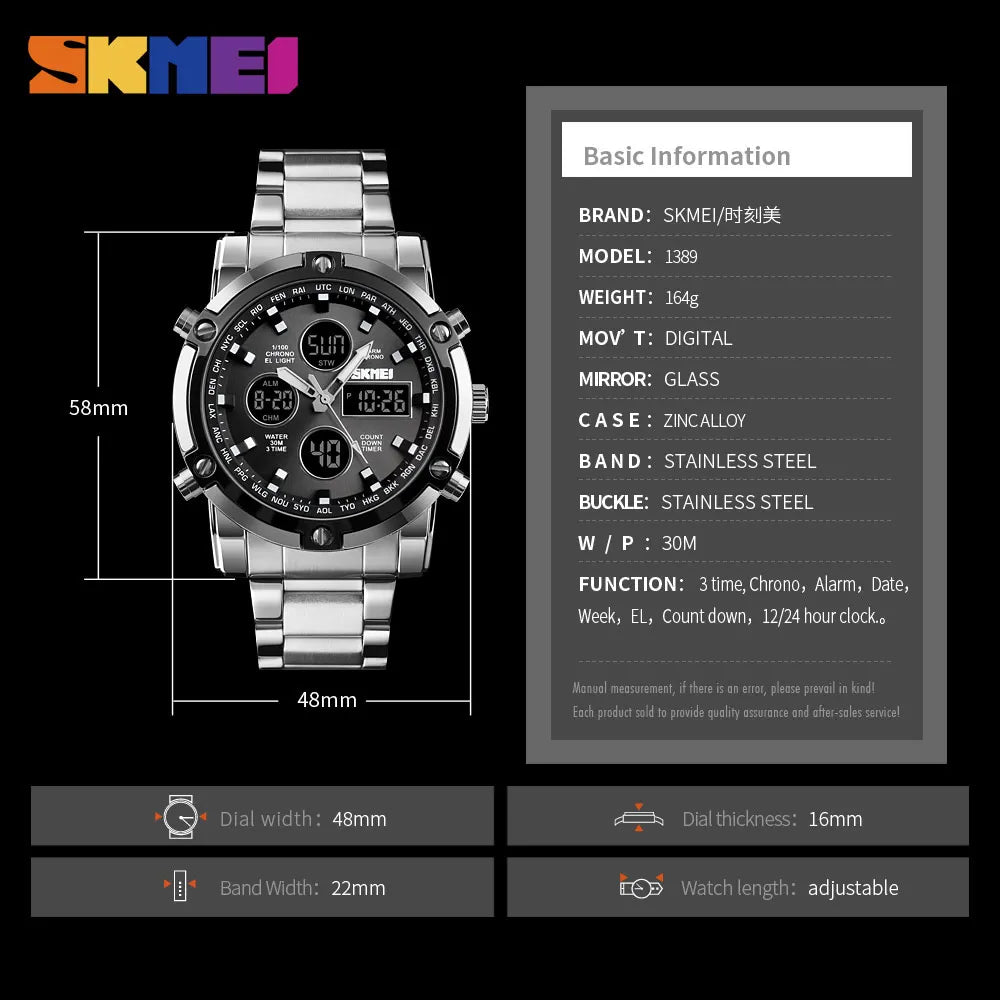 SKMEI 1389 Luxury Silver Gents Timepiece Dual Display Stainless Steel Band Calendar Multi Function Concise Casual Reloj Watch