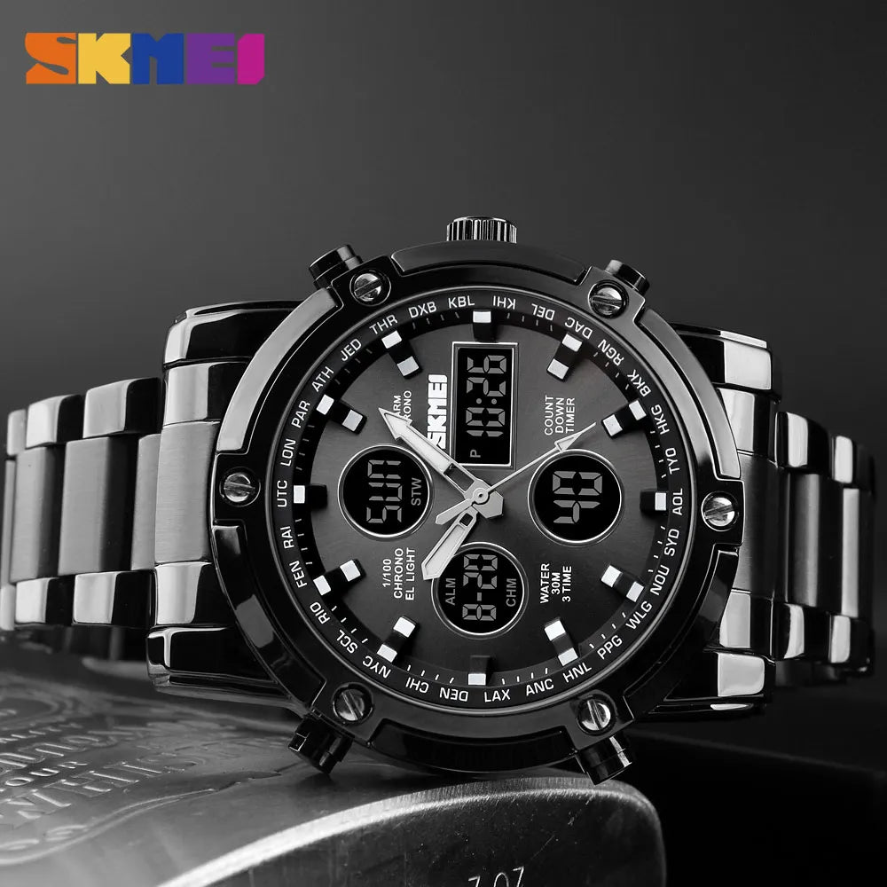 SKMEI 1389 Luxury Silver Gents Timepiece Dual Display Stainless Steel Band Calendar Multi Function Concise Casual Reloj Watch