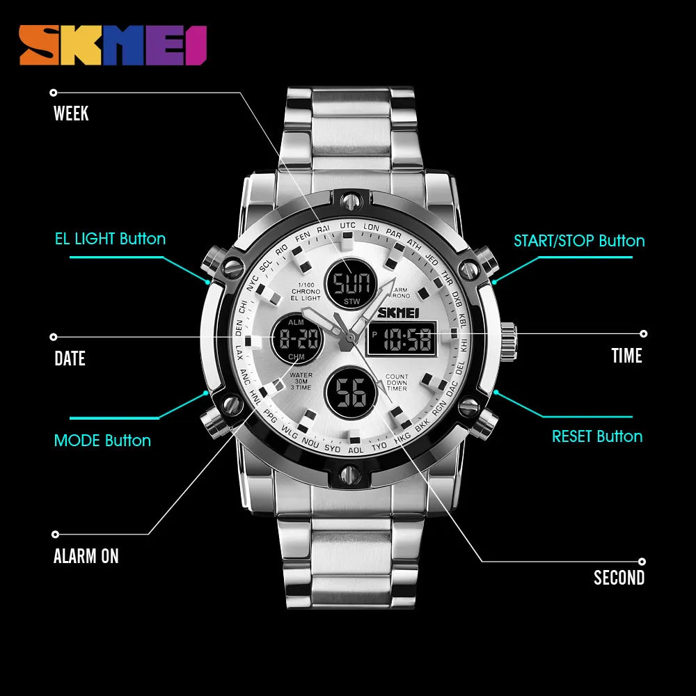 SKMEI 1389 Luxury Silver Gents Timepiece Dual Display Stainless Steel Band Calendar Multi Function Concise Casual Reloj Watch
