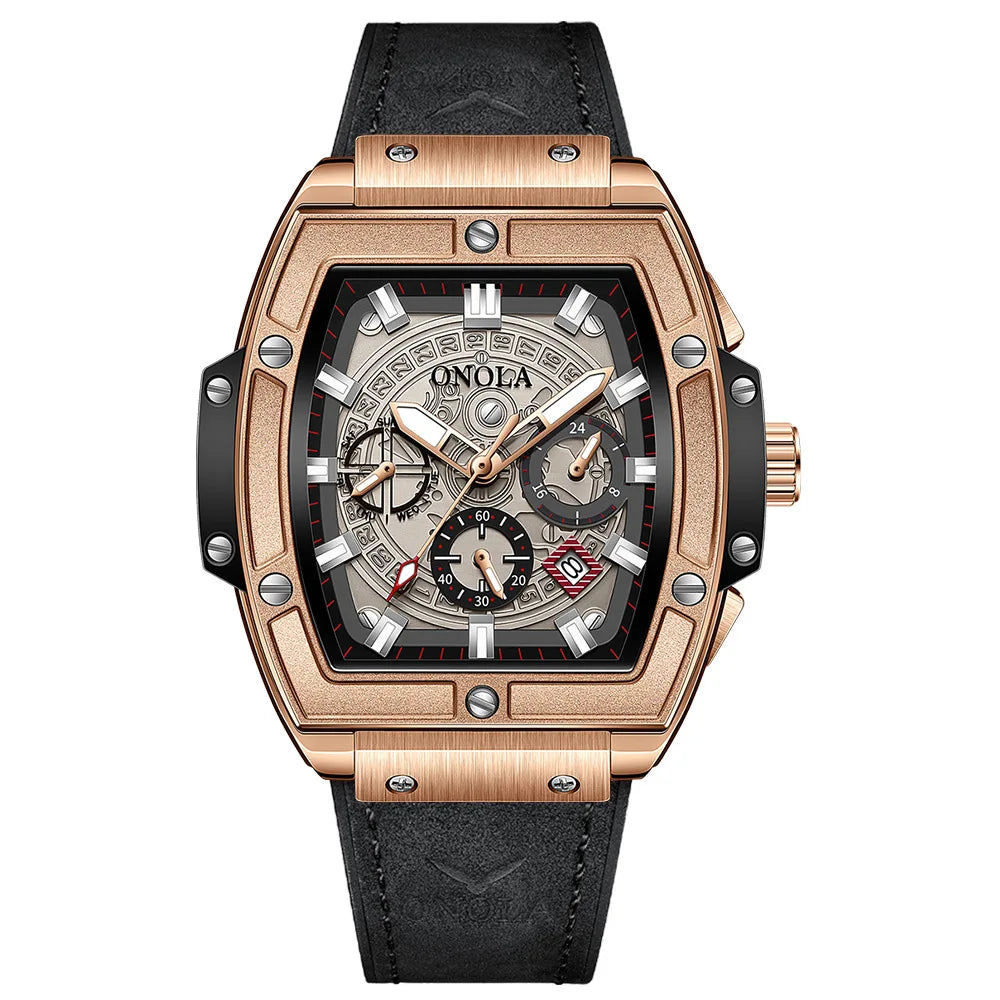 ONOLA 6819 New Design Affordable Man Quartz Watch Creative Real Leather Band Luminous Chronograph Popular Rectangle Sports Watch