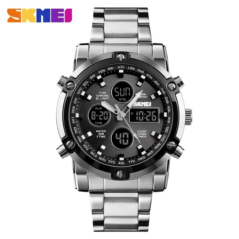SKMEI 1389 Luxury Silver Gents Timepiece Dual Display Stainless Steel Band Calendar Multi Function Concise Casual Reloj Watch