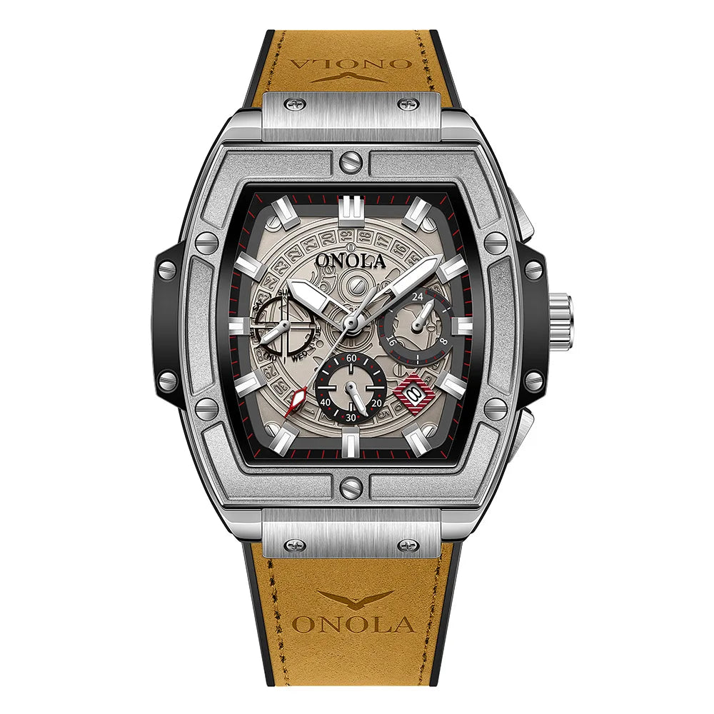 ONOLA 6819 New Design Affordable Man Quartz Watch Creative Real Leather Band Luminous Chronograph Popular Rectangle Sports Watch