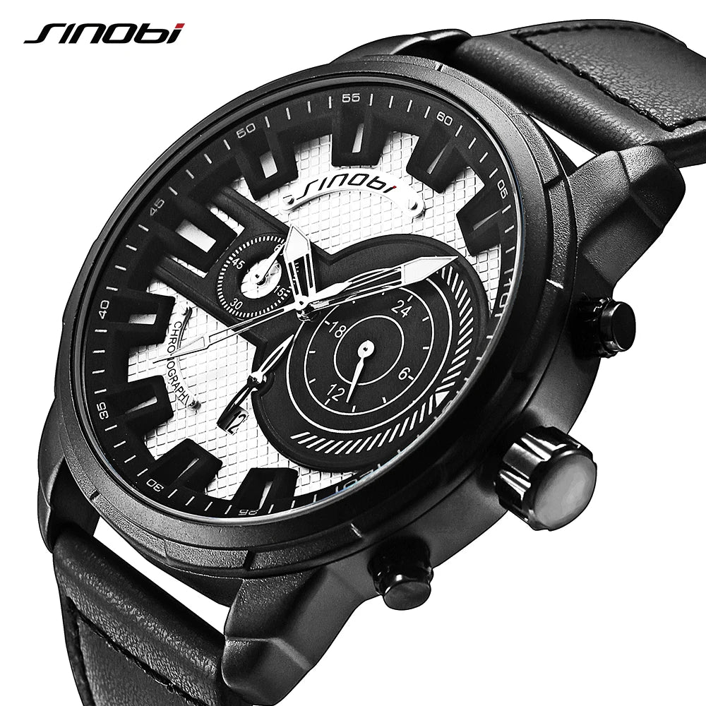 SINOBI 9786 Unique OEM Mens Quartz Watch Hot Sale Genuine Leather Strap 24 Hour Auto Date Chrono Casual Hand Watch
