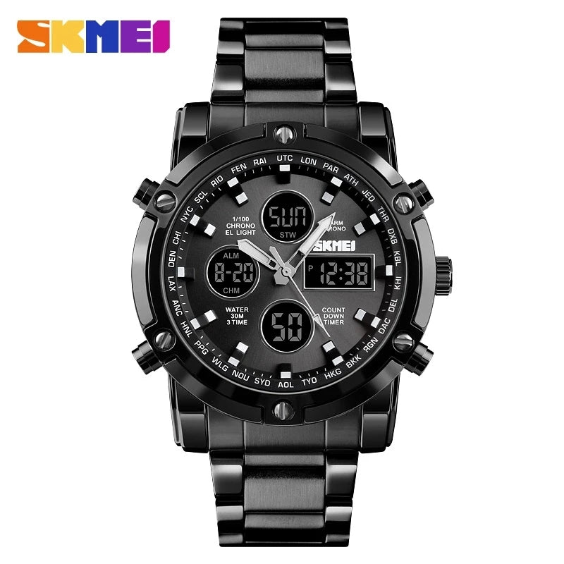 SKMEI 1389 Luxury Silver Gents Timepiece Dual Display Stainless Steel Band Calendar Multi Function Concise Casual Reloj Watch