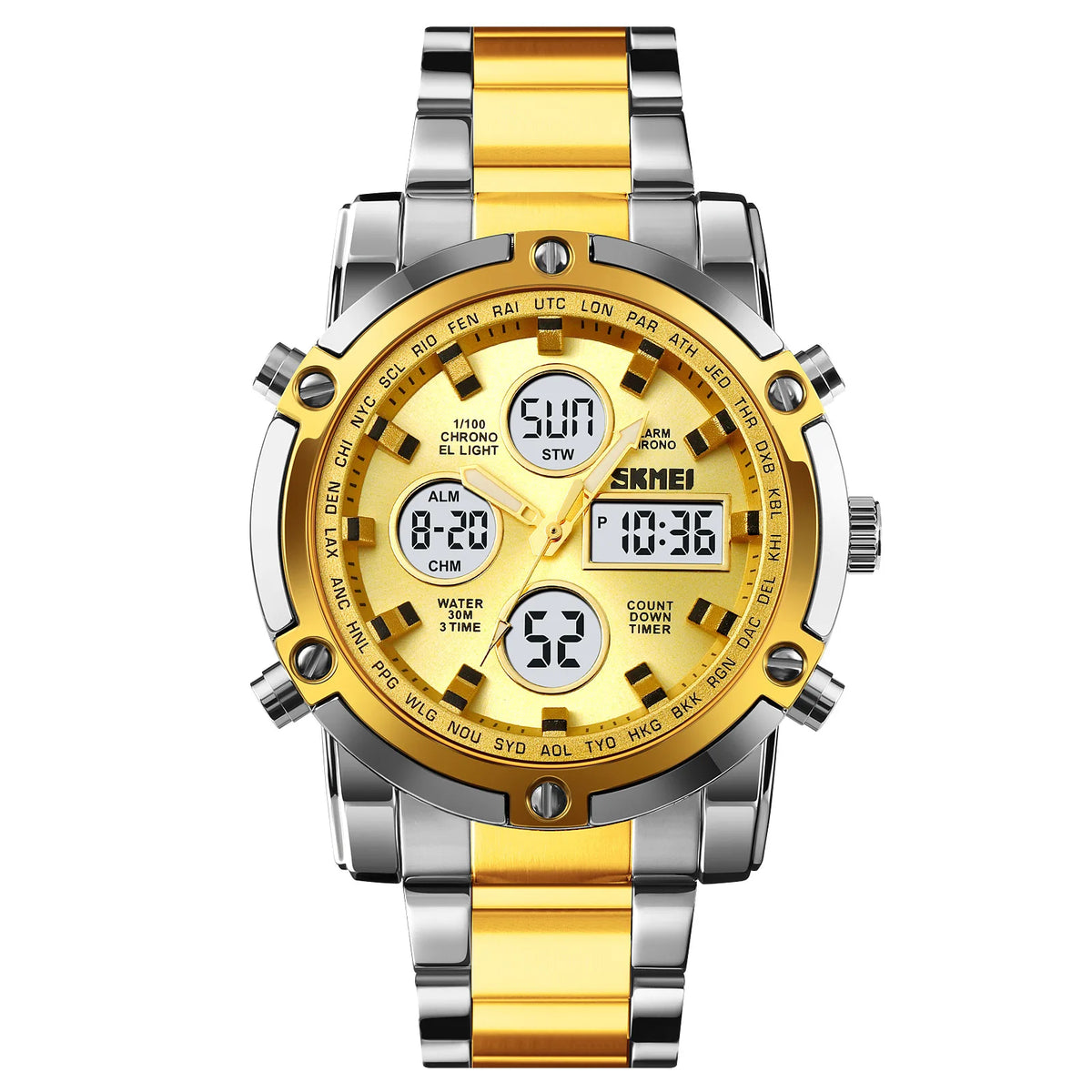 SKMEI 1389 Luxury Silver Gents Timepiece Dual Display Stainless Steel Band Calendar Multi Function Concise Casual Reloj Watch