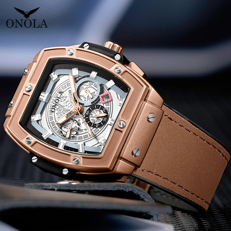 ONOLA 6819 New Design Affordable Man Quartz Watch Creative Real Leather Band Luminous Chronograph Popular Rectangle Sports Watch
