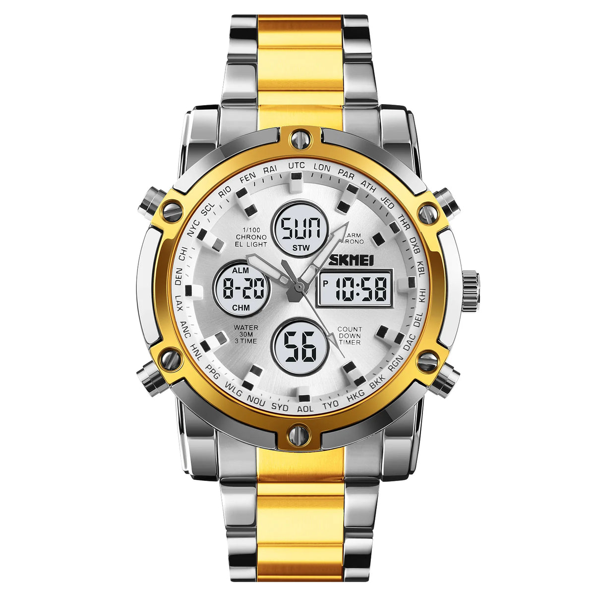 SKMEI 1389 Luxury Silver Gents Timepiece Dual Display Stainless Steel Band Calendar Multi Function Concise Casual Reloj Watch