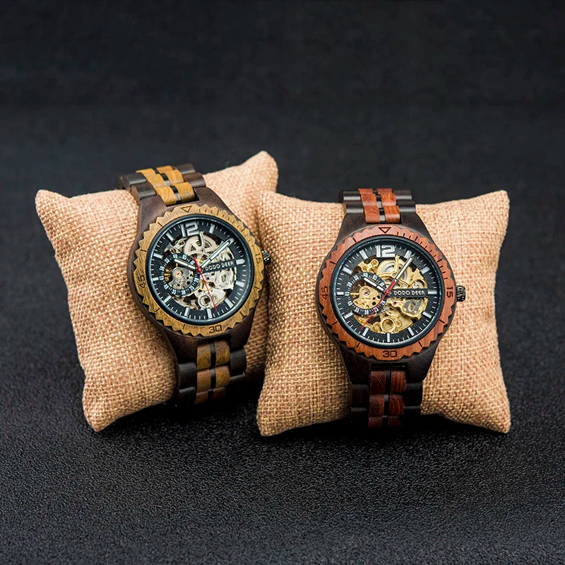 Luxury Lover's Wooden Stainless Steel Custom Logo Automatic Watch Couples Visible Mechanism Water Resistant Tourbillon Pointer