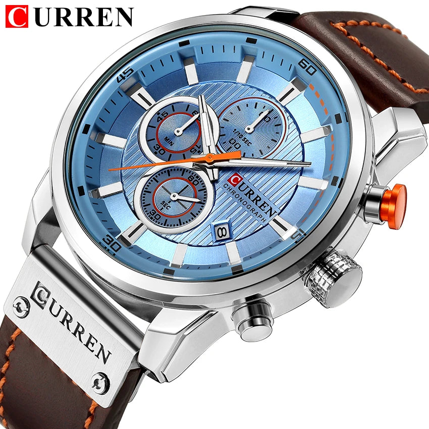 CURREN 8291 Super Blue Boys Quartz Watch Costume Genuine Leather Band 3 Dials Chronograph Luminous Popular Sports Watch Kit