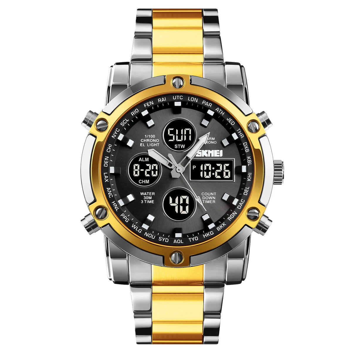 SKMEI 1389 Luxury Silver Gents Timepiece Dual Display Stainless Steel Band Calendar Multi Function Concise Casual Reloj Watch