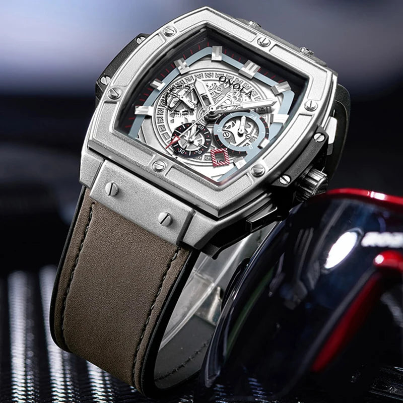 ONOLA 6819 New Design Affordable Man Quartz Watch Creative Real Leather Band Luminous Chronograph Popular Rectangle Sports Watch