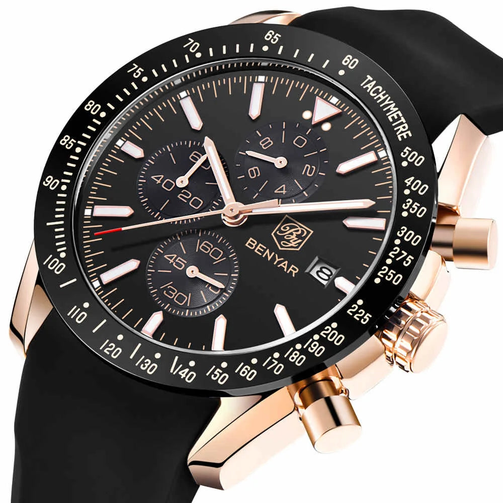 2025 BENYAR By-5140 Brand Men Sport Chronograph Silicone Strap Watches Casual Dress Waterproof Luxury Quartz Watch OEM Watches