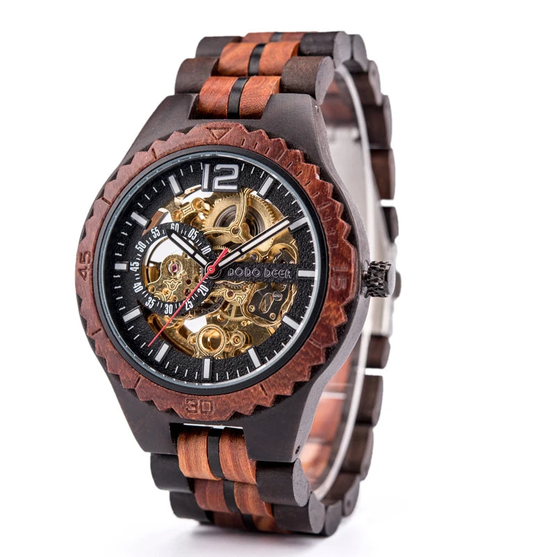 Luxury Lover's Wooden Stainless Steel Custom Logo Automatic Watch Couples Visible Mechanism Water Resistant Tourbillon Pointer