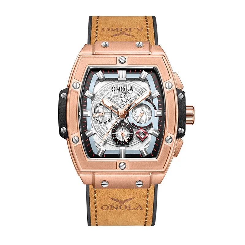 ONOLA 6819 New Design Affordable Man Quartz Watch Creative Real Leather Band Luminous Chronograph Popular Rectangle Sports Watch