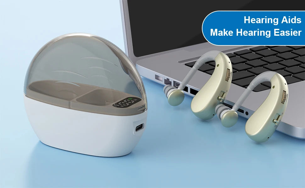Auxiliary headphones, sound amplifier, noise reduction, adjustable volume, hanging ear with charging case