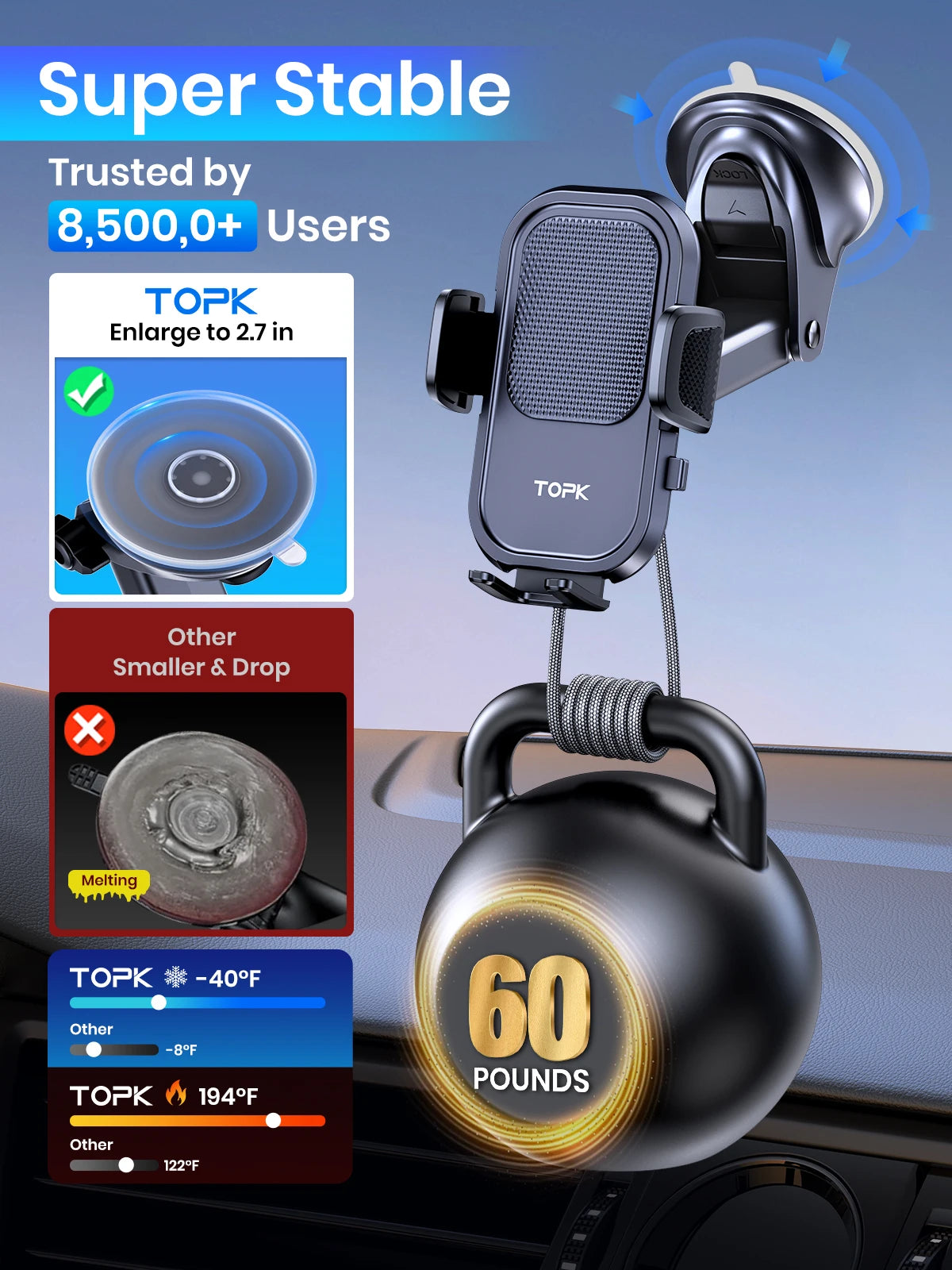 TOPK Car Phone Holder Mount for IPhone[Powerful Suction] Phone Mount for Car Dashboard Car Accessories Automobile for Smartphone