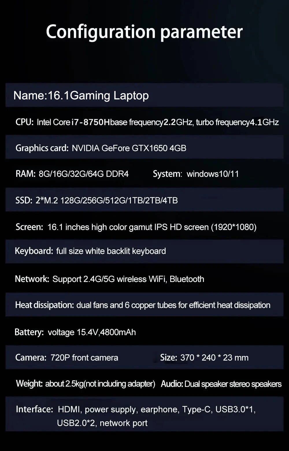 16.1 Inch S6 Gaming Laptop Intel Core i9-13900H RTX4050 6G i7-8750H GTX1650 4G Windows11 RAM Max 64GB DDR4 2TB SSD Fingerprint