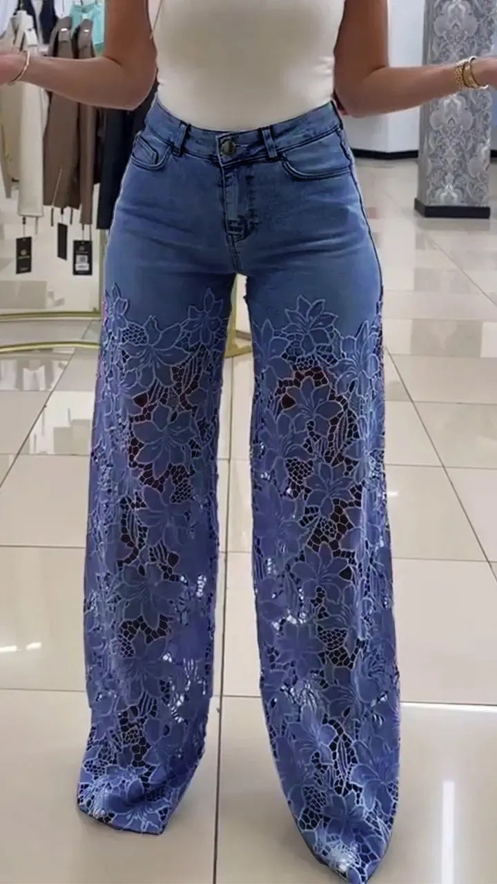 Y2K Lace Flower High-Waist Wide-Leg Jeans