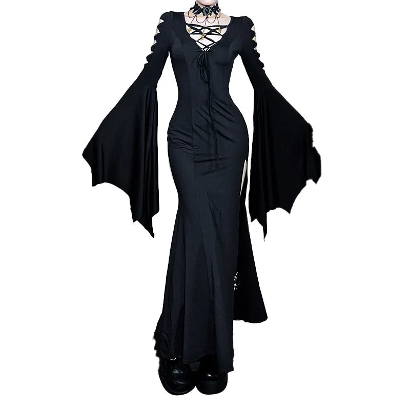 Gothic Bat-Wing Sleeve Maxi Dress