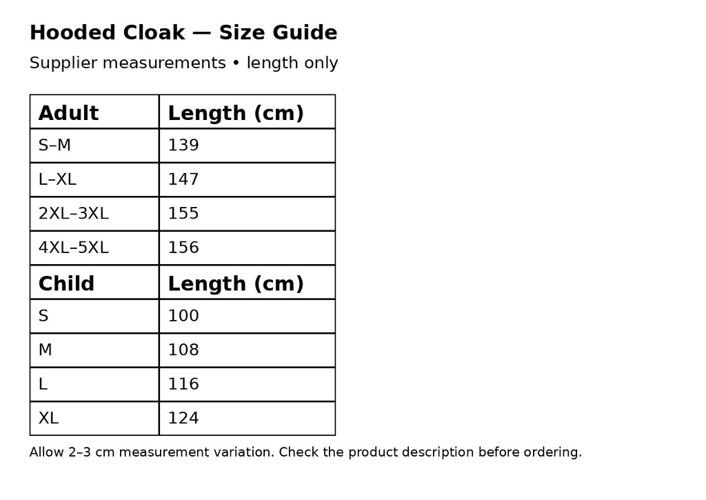 Hooded cloak size guide
