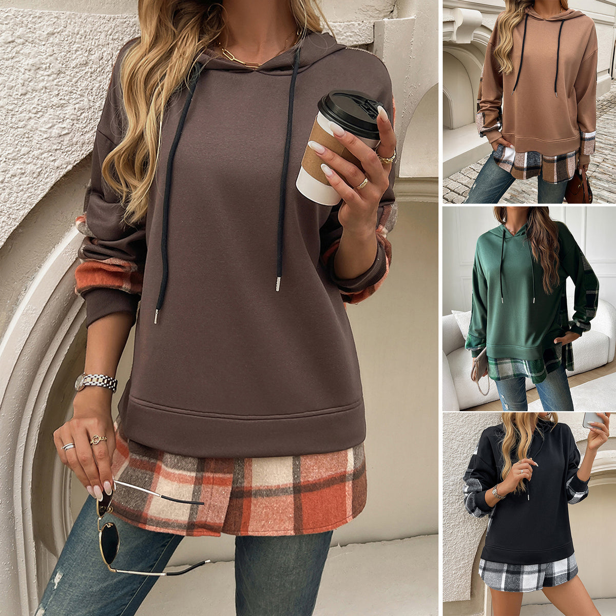 Plaid patchwork hoodie detail