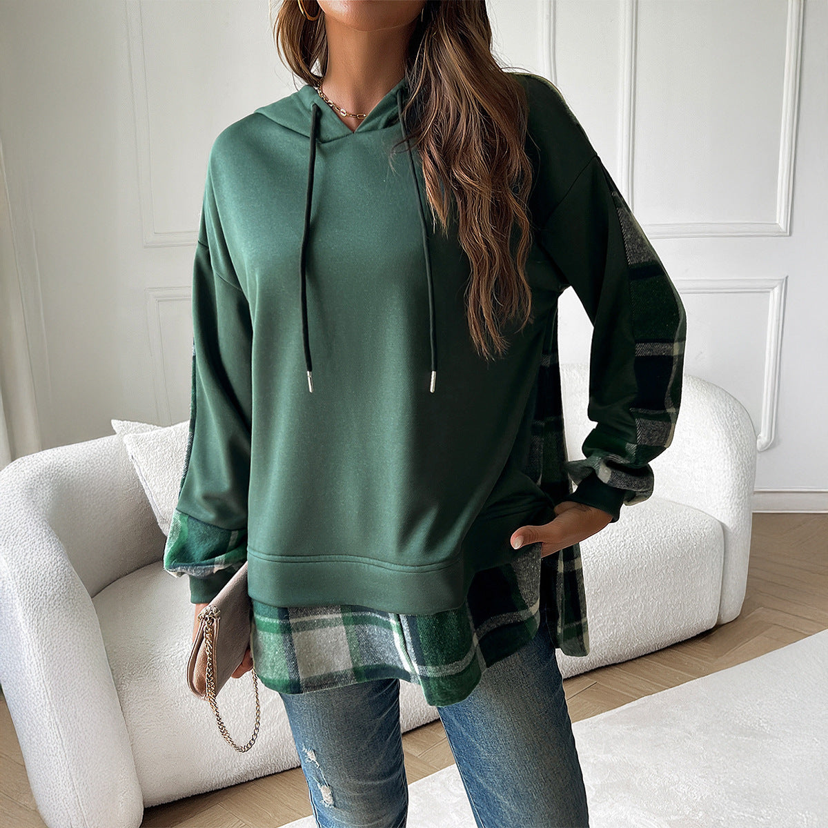 Plaid patchwork hoodie alternate