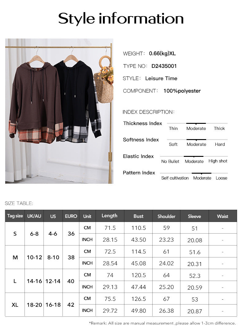 Plaid patchwork hoodie size guide